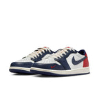 Air Jordan 1 Retro Low OG Howard University sneakers in white, navy, and red colors.