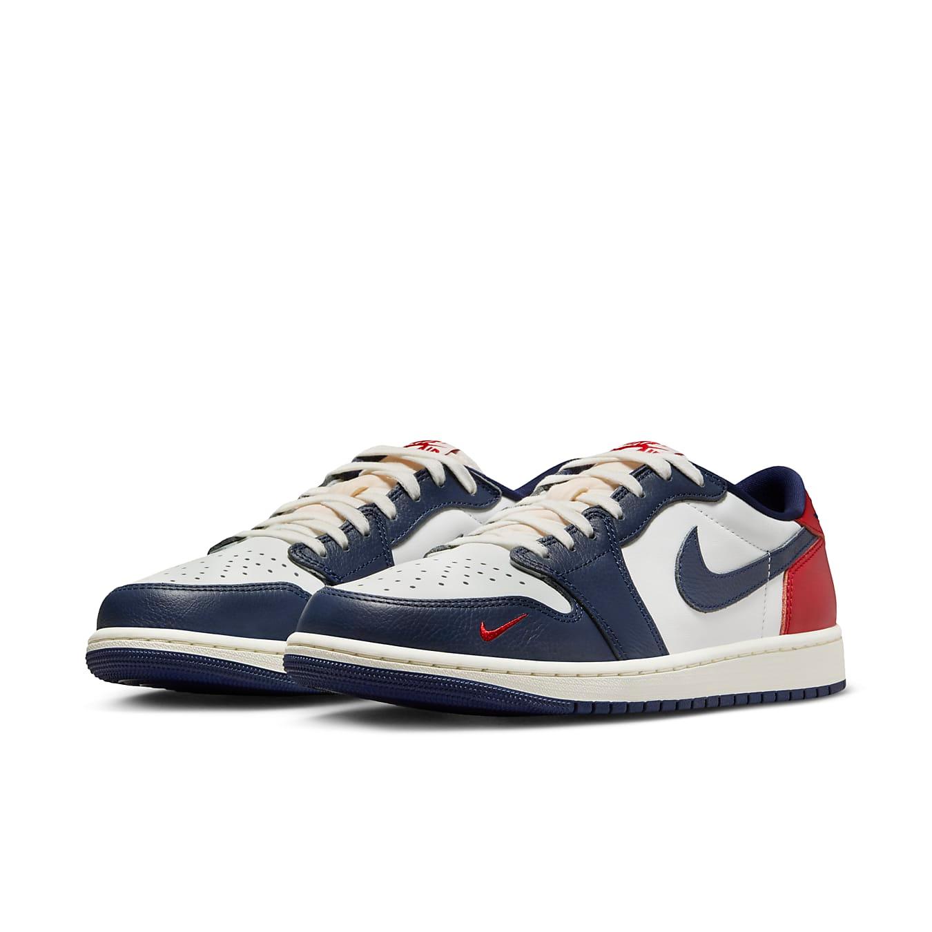 Air Jordan 1 Retro Low OG Howard University sneakers in white, navy, and red colors.