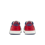 Rear view of Air Jordan 1 Retro Low OG Howard University shoes in red and navy.