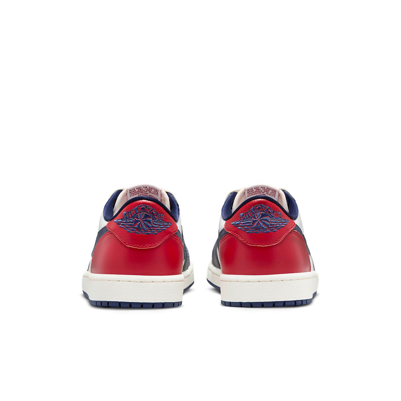 Rear view of Air Jordan 1 Retro Low OG Howard University shoes in red and navy.