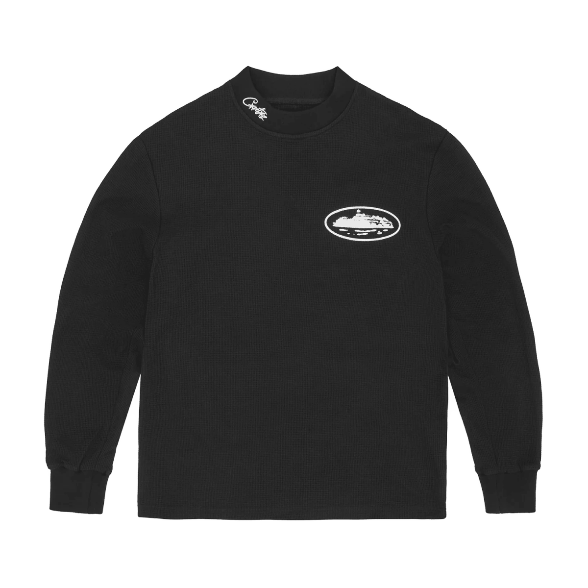 Corteiz Alcatraz Waffle Longsleeve in black with Allstarz logo at neckline and Alcatraz logo on chest.