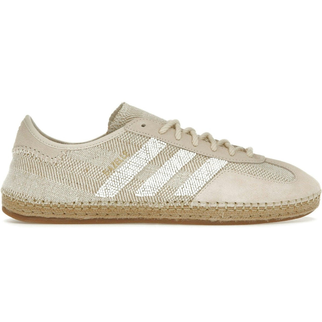 adidas Gazelle CLOT Halo Ivory sneakers featuring a unique beige and silver design with woven detailing and a classic silhouette.
