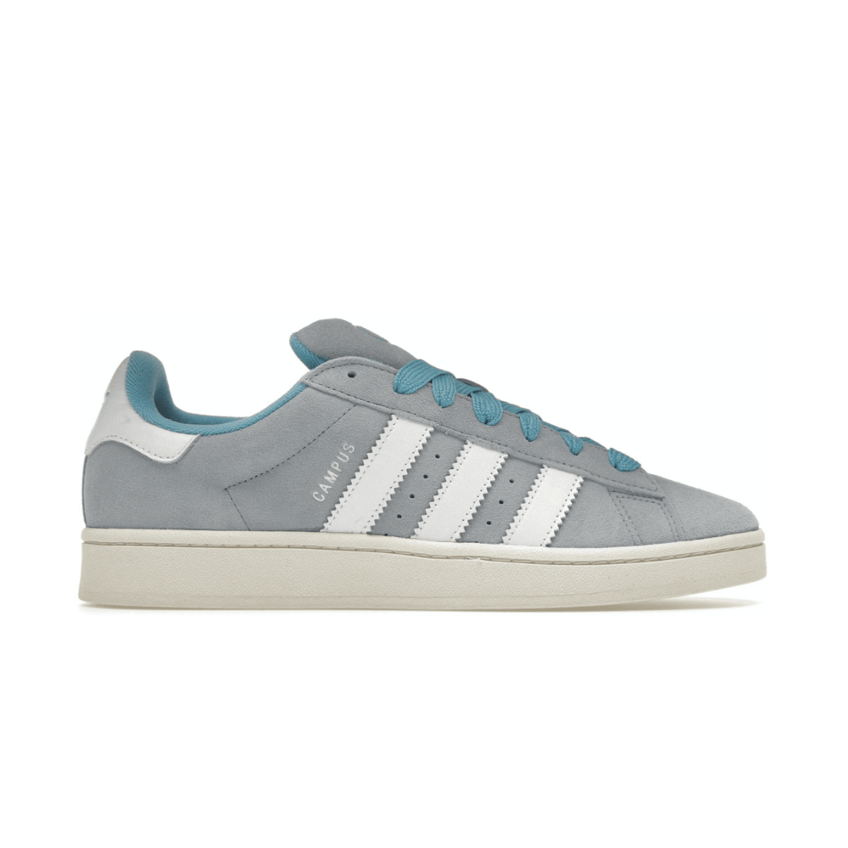 adidas Campus 00s Ambient Sky shoes in grey and teal suede, featuring three white stripes and a comfortable rubber sole.