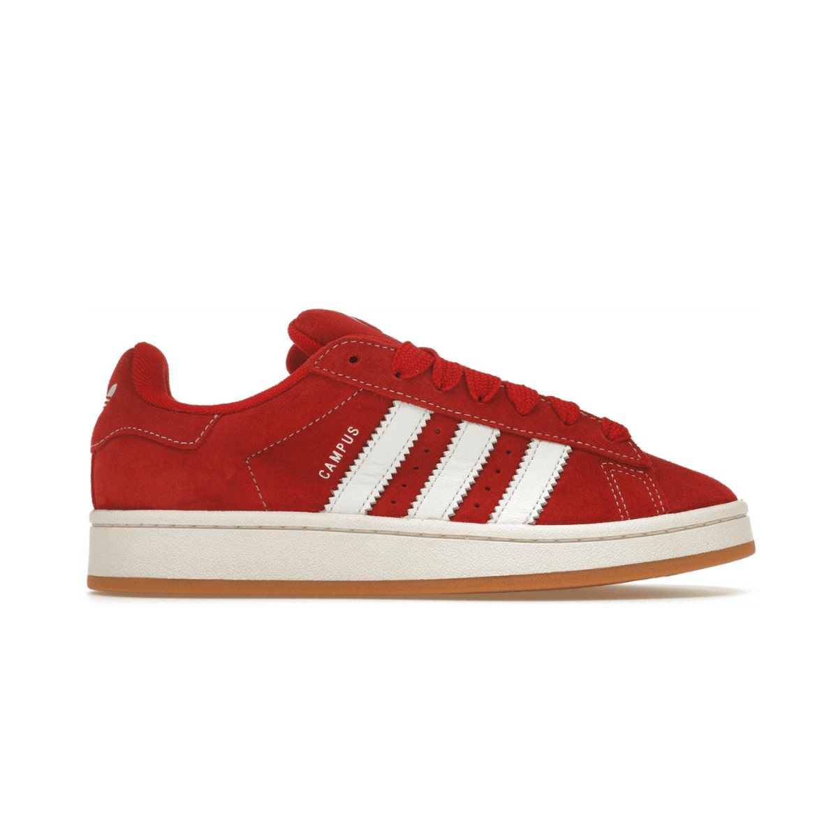 adidas Campus 00s Better Scarlet Cloud White sneaker in red and white suede with gum sole.
