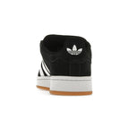 adidas Campus 00s Black White Gum kids sneaker rear view, black suede, white stripes, gum sole.