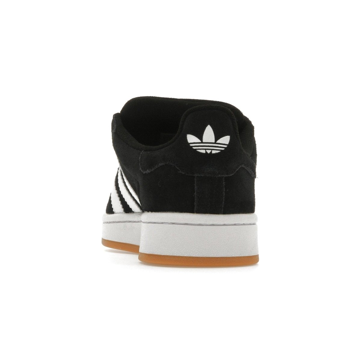 adidas Campus 00s Black White Gum kids sneaker rear view, black suede, white stripes, gum sole.