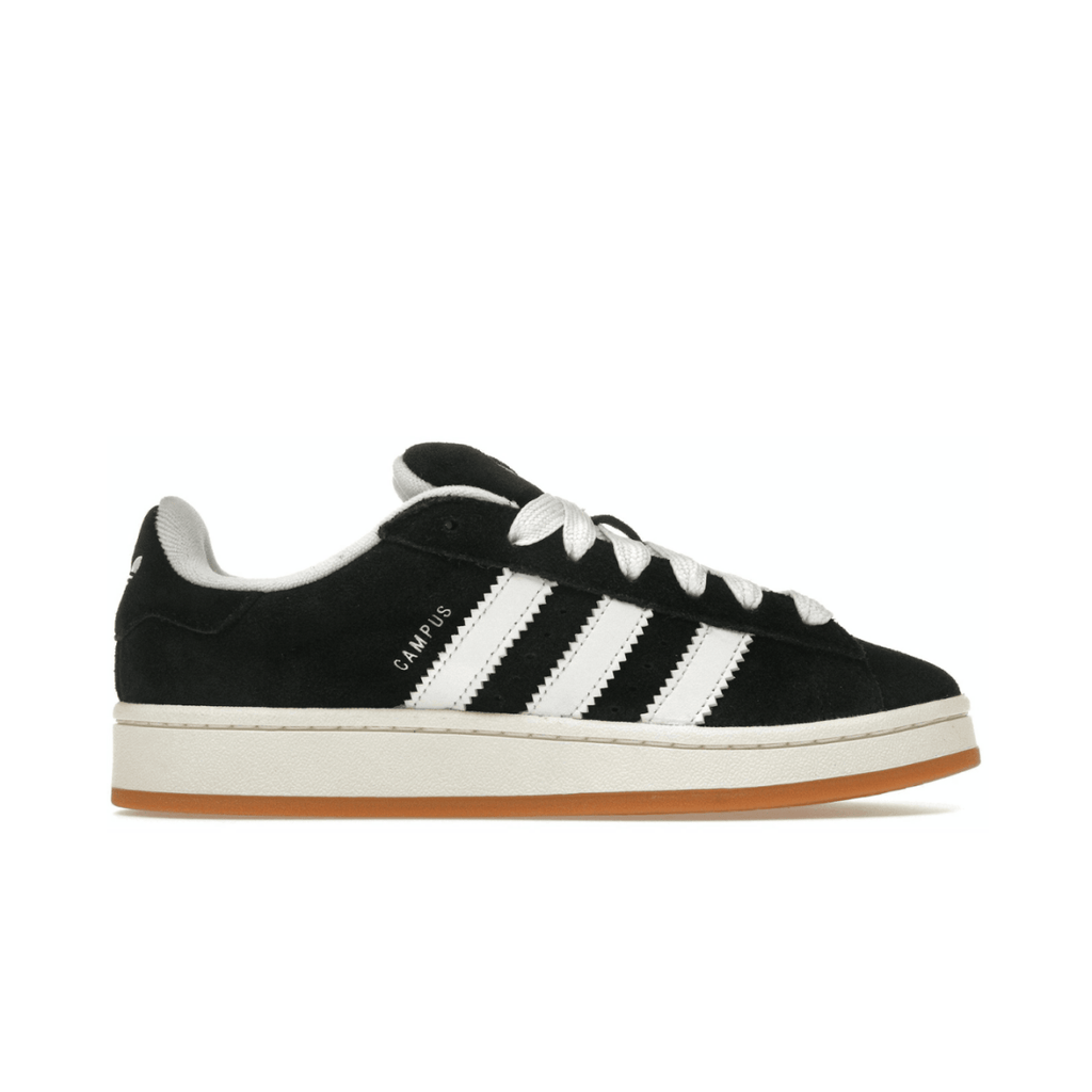 adidas Campus 2000 Core Black sneaker with white stripes and gum sole, featuring premium suede upper.
