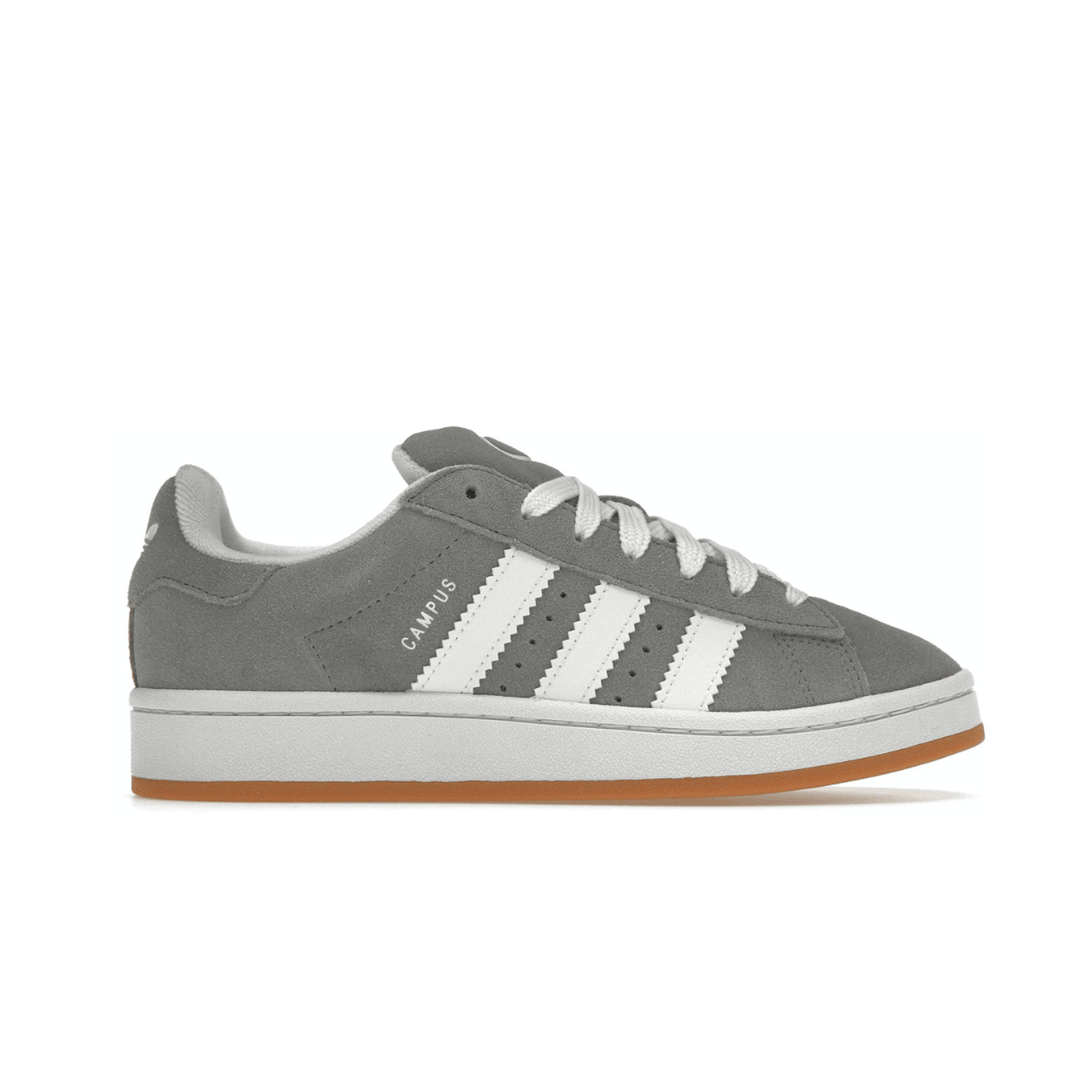 adidas Campus 00s Grey Gum sneakers featuring grey suede upper and white three stripes detail.
