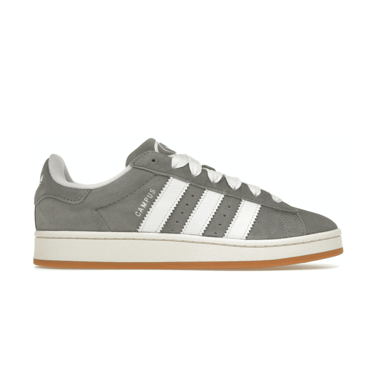 adidas Campus 00s sneakers in grey and white, featuring premium suede upper and classic gum sole.