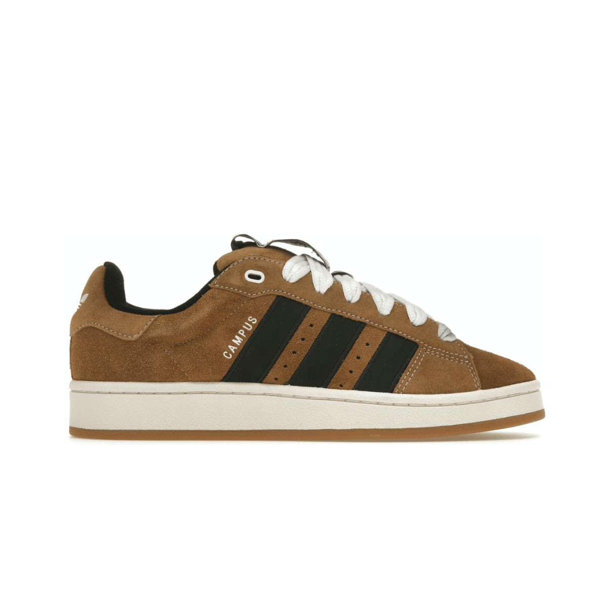 adidas Campus 00s YNuK sneakers in brown suede with black stripes and white laces on a gum sole