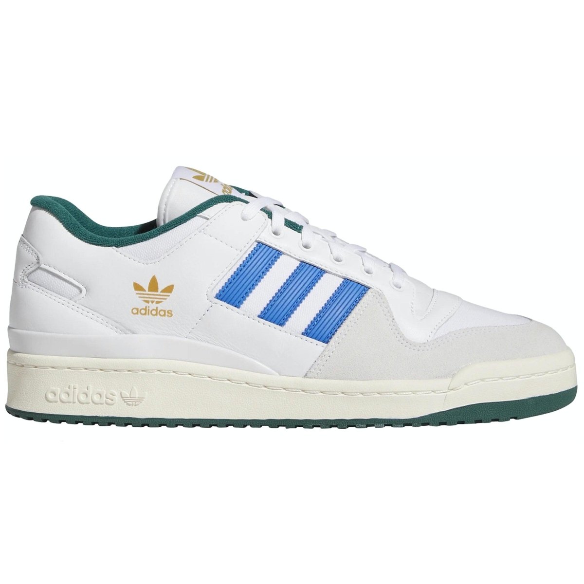adidas Forum 84 Low ADV sneakers in white and blue with green accents, retro basketball and skate design.