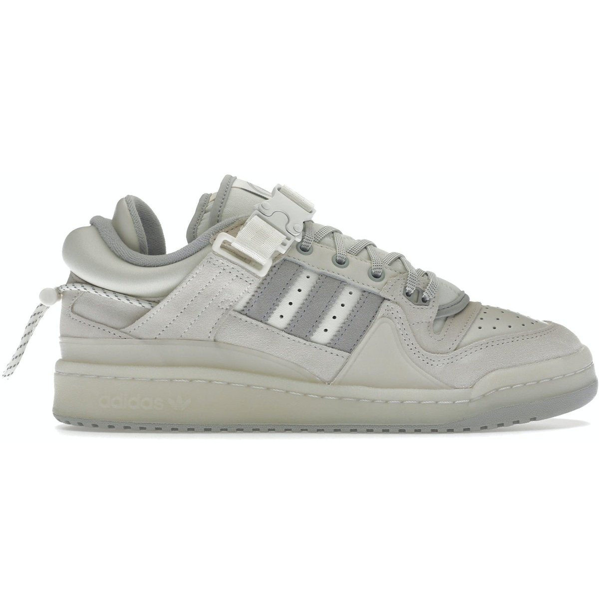 adidas Forum Buckle Low Bad Bunny Last Forum sneaker in light gray with silver accents and unique buckle design