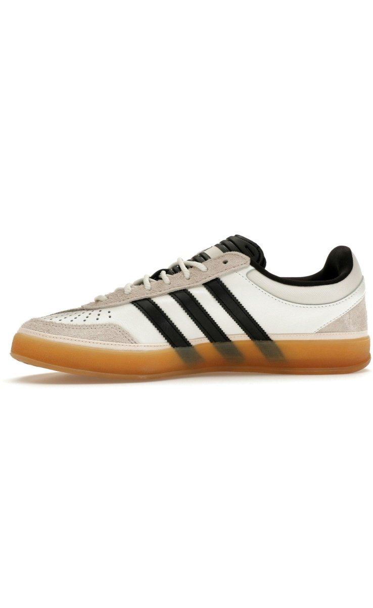 adidas Gazelle Indoor Bad Bunny in Core White with black stripes and gum sole, stylish leather and suede design.
