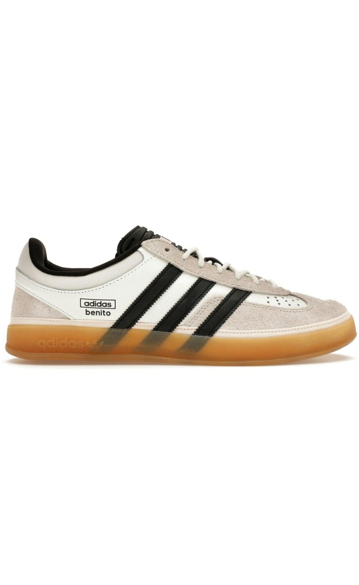 adidas Gazelle Indoor Bad Bunny in core white with suede overlays and black stripes.