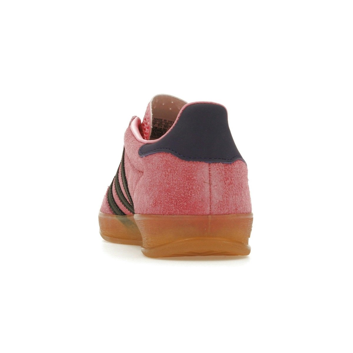 adidas Gazelle Indoor Bliss Pink Purple women's sneaker rear view with soft suede upper and contrasting stripes.