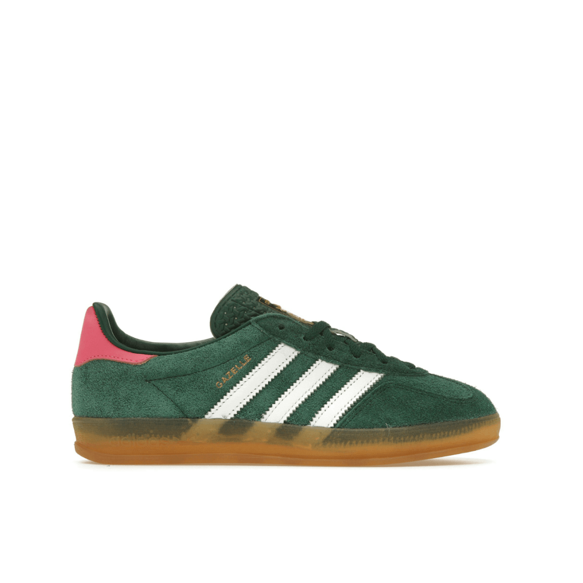 adidas Gazelle Indoor sneakers in collegiate green and lucid pink for women, crafted from premium suede with white stripes.
