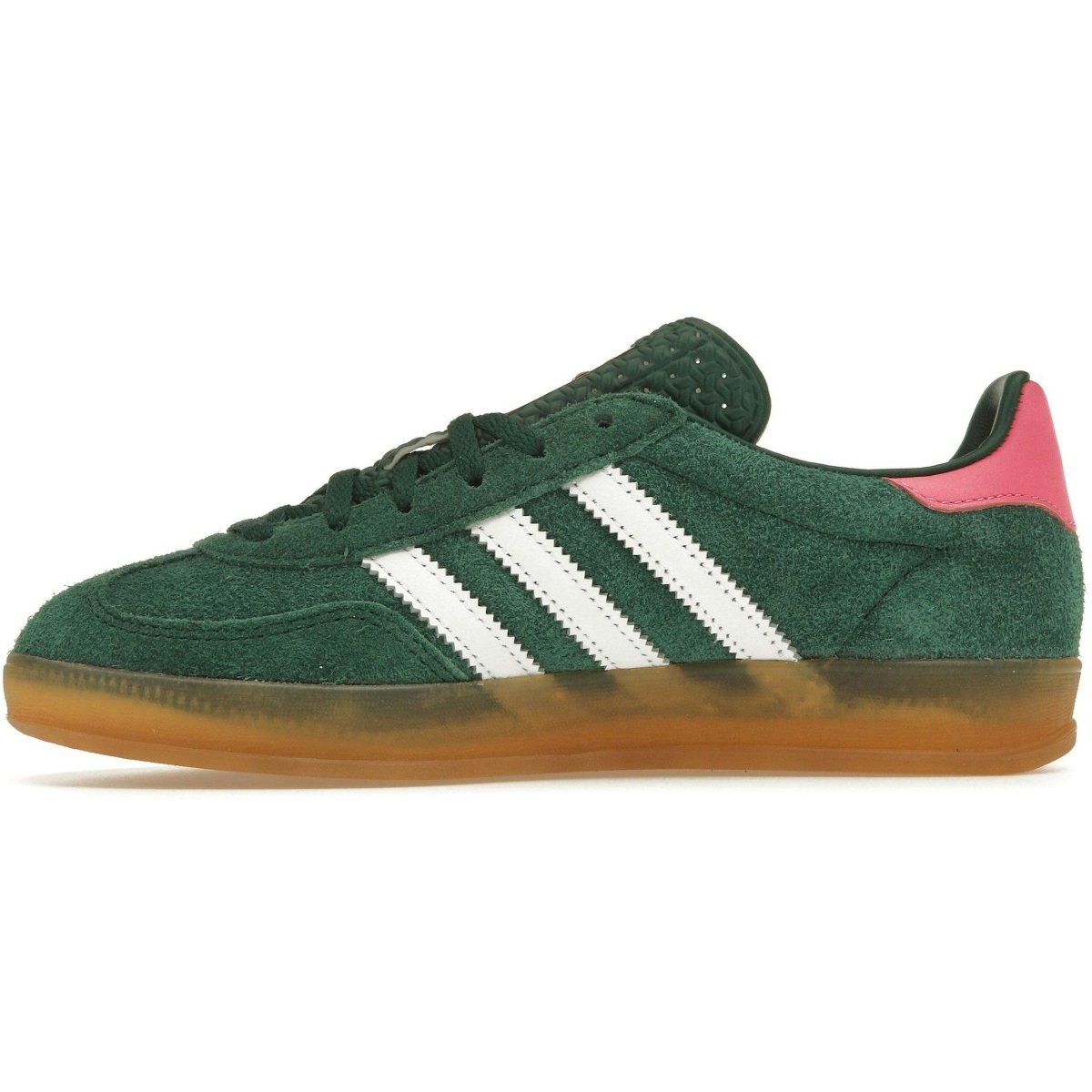 adidas Gazelle Indoor shoes in collegiate green and lucid pink with white stripes, featuring a retro design and suede material.