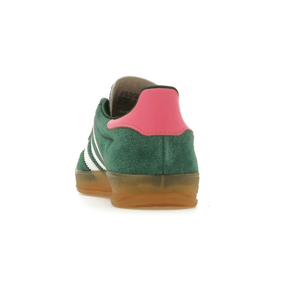 adidas Gazelle Indoor Women's sneaker in Collegiate Green and Lucid Pink, featuring a green suede upper and pink heel tab.
