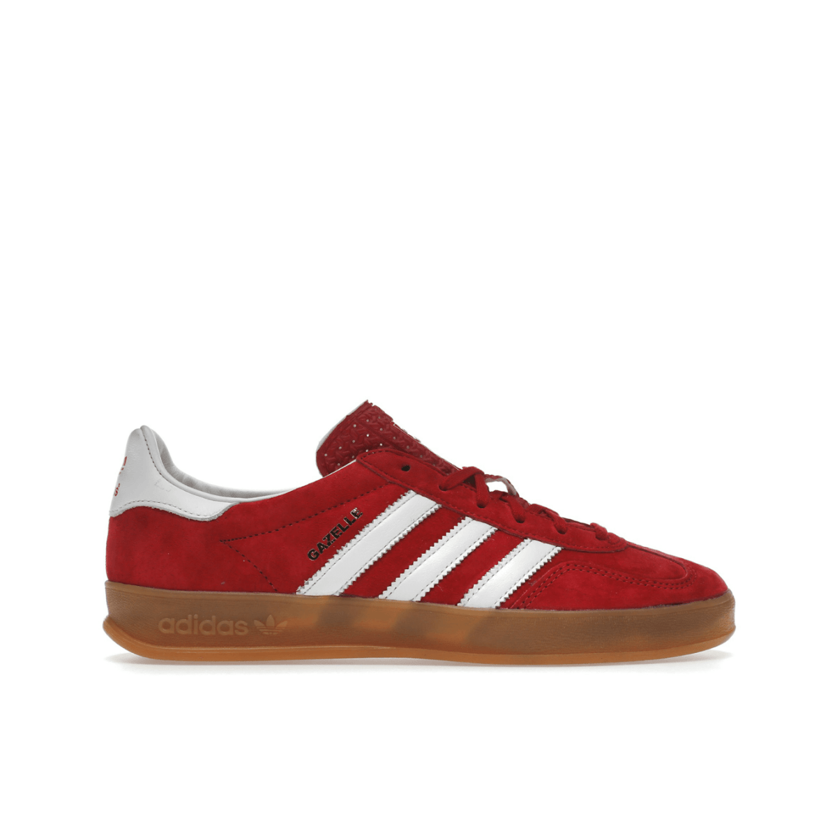 adidas Gazelle Scarlet Cloud White sneaker in red suede with white stripes and gum sole