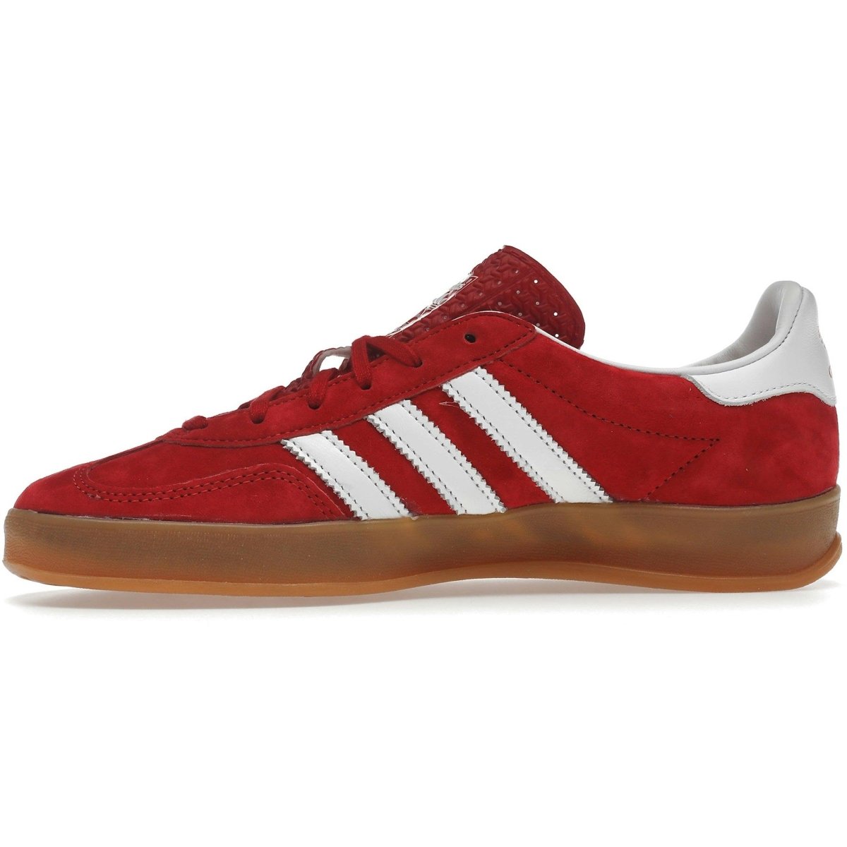 adidas Gazelle Scarlet Cloud White sneaker in red suede with white stripes and gum sole, showcasing a retro design.