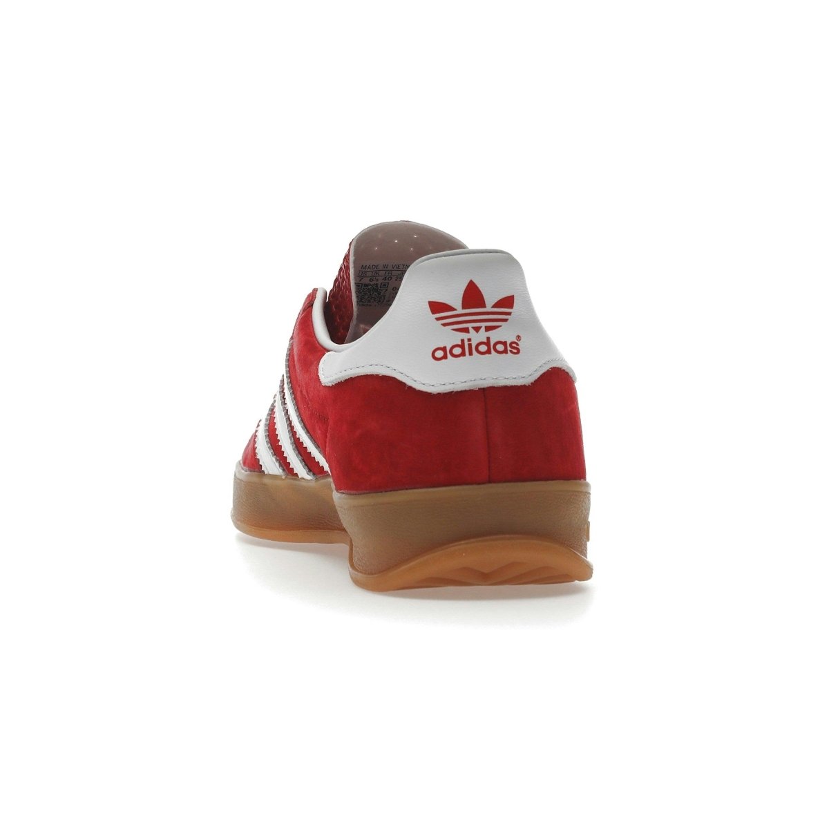 Rear view of adidas Gazelle Scarlet Cloud White sneaker with red suede and classic three stripes.