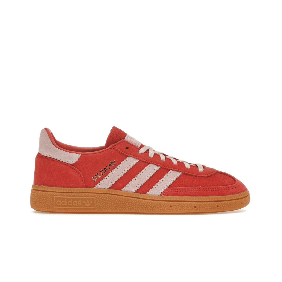 adidas Handball Spezial Bright Red Clear Pink sneakers for women, featuring red and pink suede design.