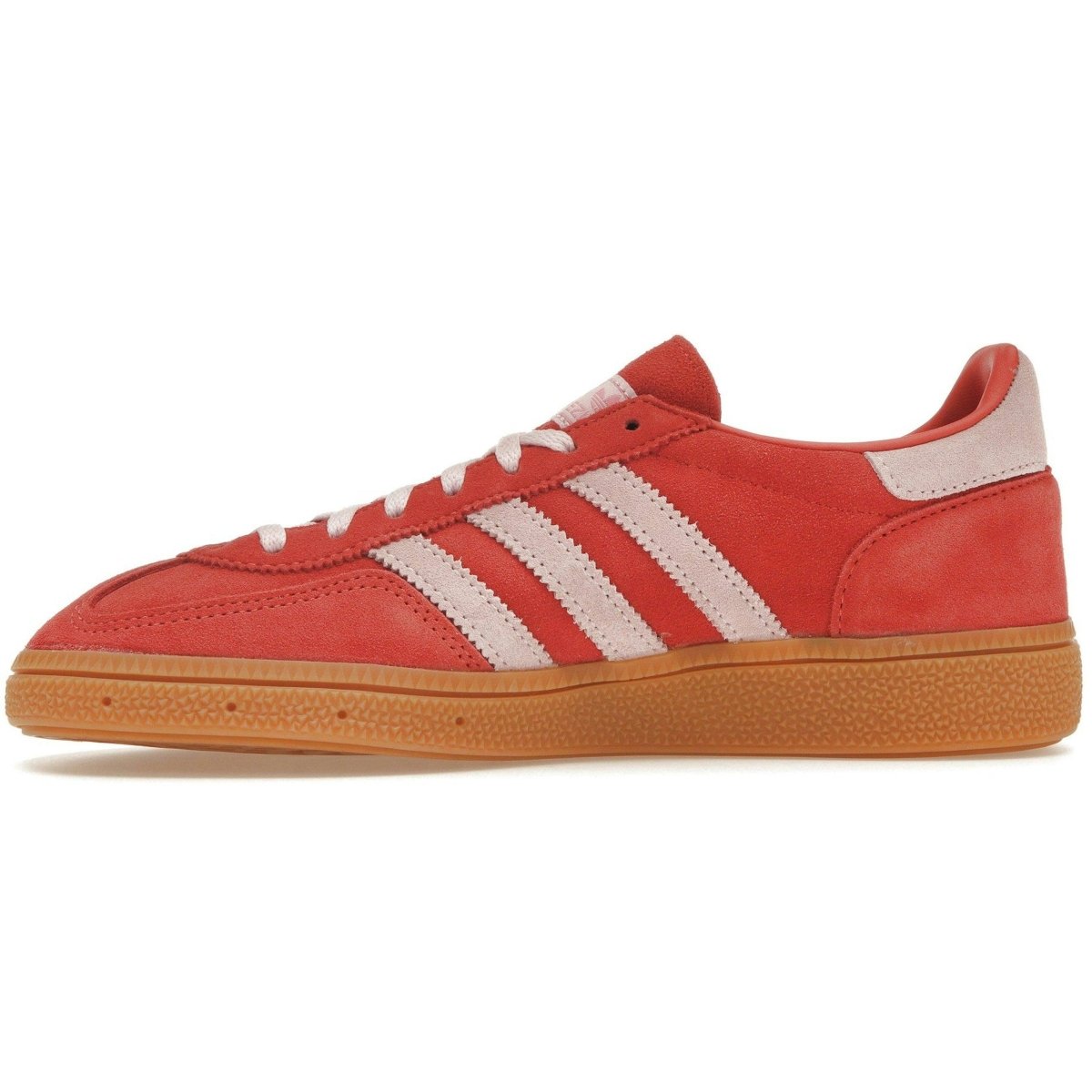 adidas Handball Spezial Bright Red Clear Pink women's sneakers side view with gum sole.