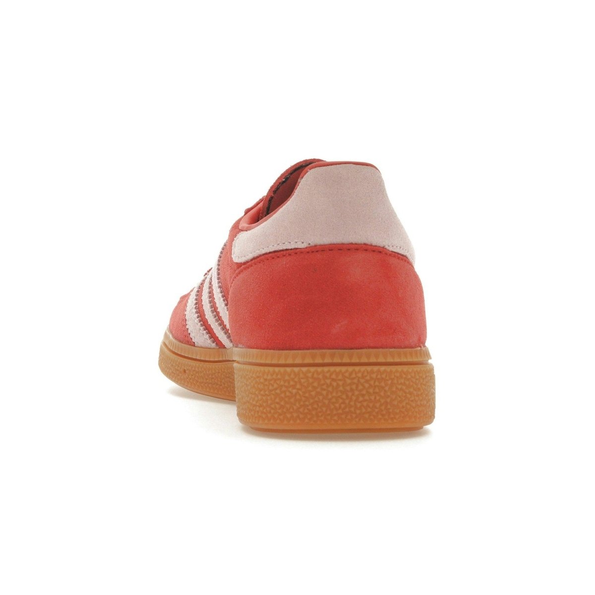 View of the back of adidas Handball Spezial Bright Red Clear Pink women's shoes, showcasing the soft suede design.