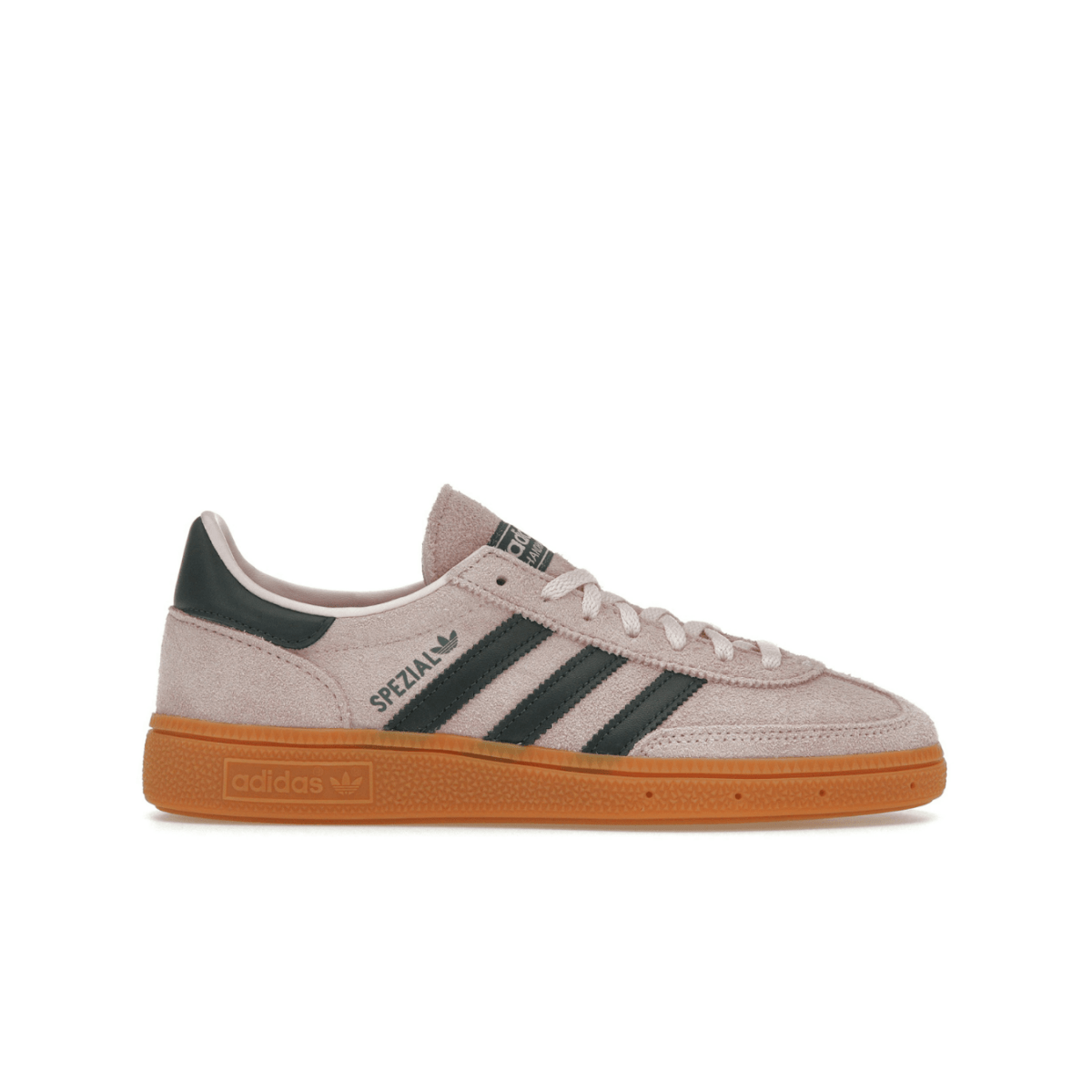 adidas Handball Spezial Clear Pink Arctic Night women's sneakers in pink and green with gum sole.