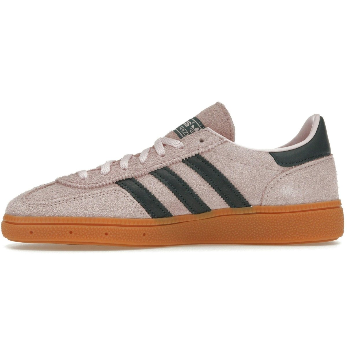 adidas Handball Spezial Clear Pink Arctic Night women's sneaker in suede with black stripes and gum outsole.