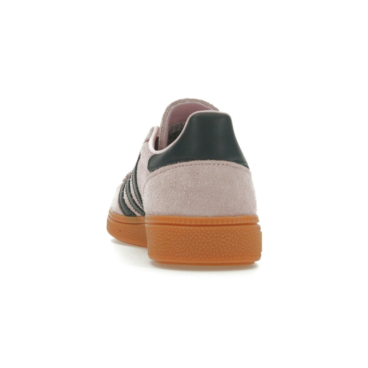 Rear view of adidas Handball Spezial Clear Pink Arctic Night women's sneakers with suede and leather accents.