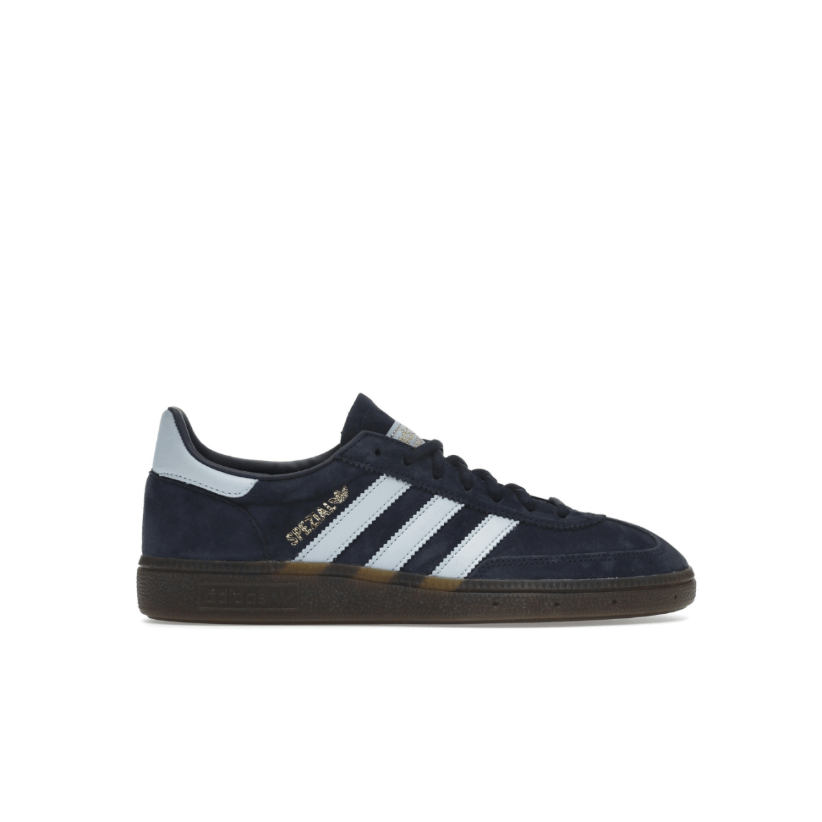 adidas Handball Spezial shoes in Collegiate Navy with white stripes and gum sole, classic retro sneaker design.