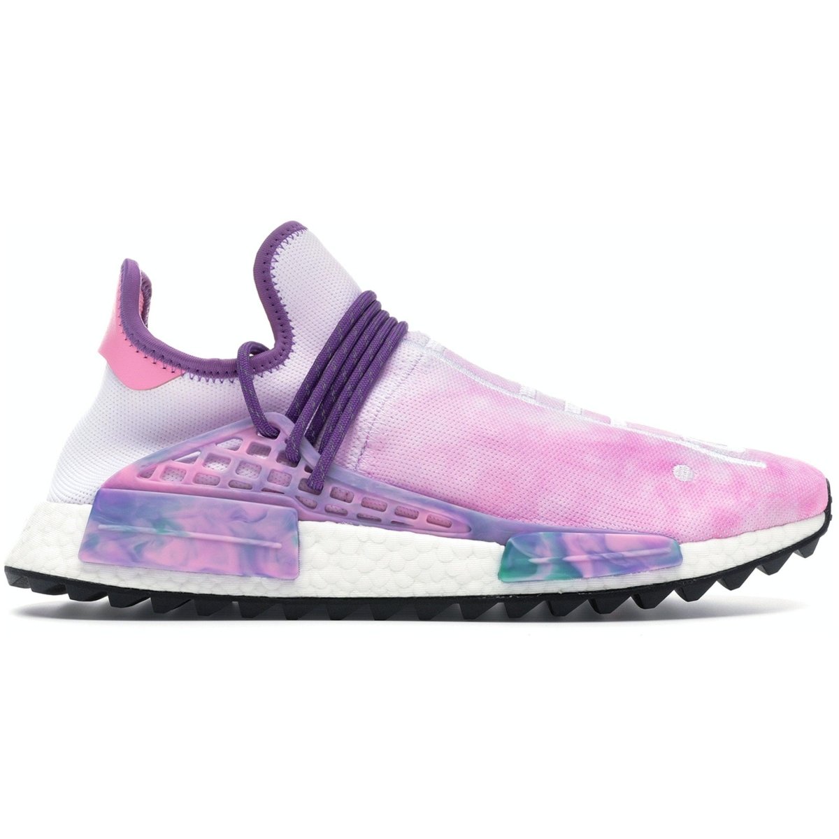 adidas Human Race NMD Pharrell Holi Festival sneakers in Pink Glow with vibrant tie-dye design.
