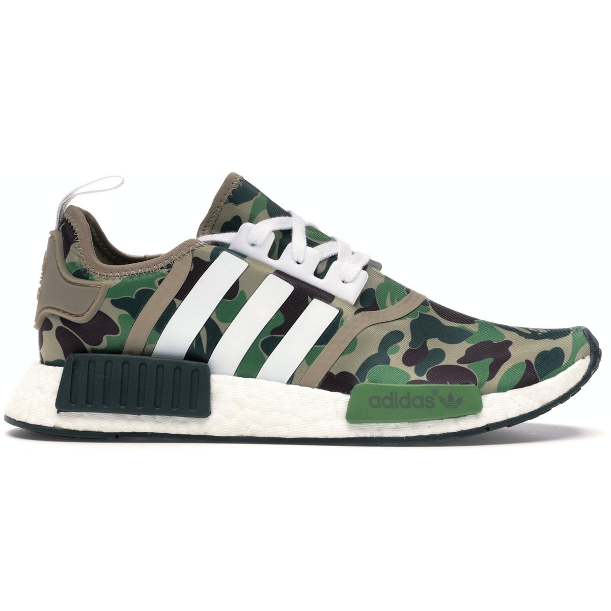adidas NMD R1 Bape Olive Camo sneaker in camouflage design with three stripes and green accents.