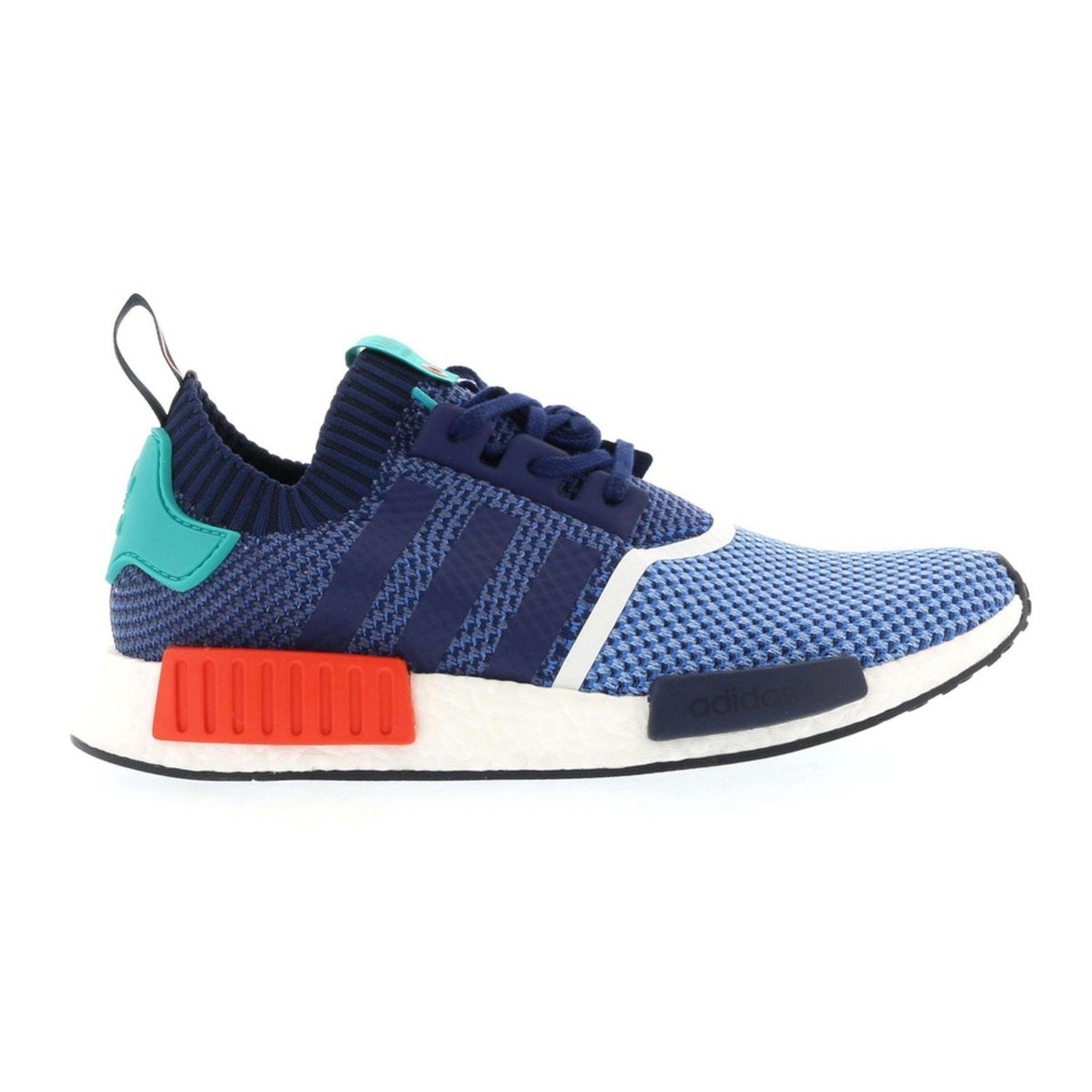 adidas NMD R1 Packer Shoes in blue and aqua with red accents and a white midsole, showcasing retro '80s style.