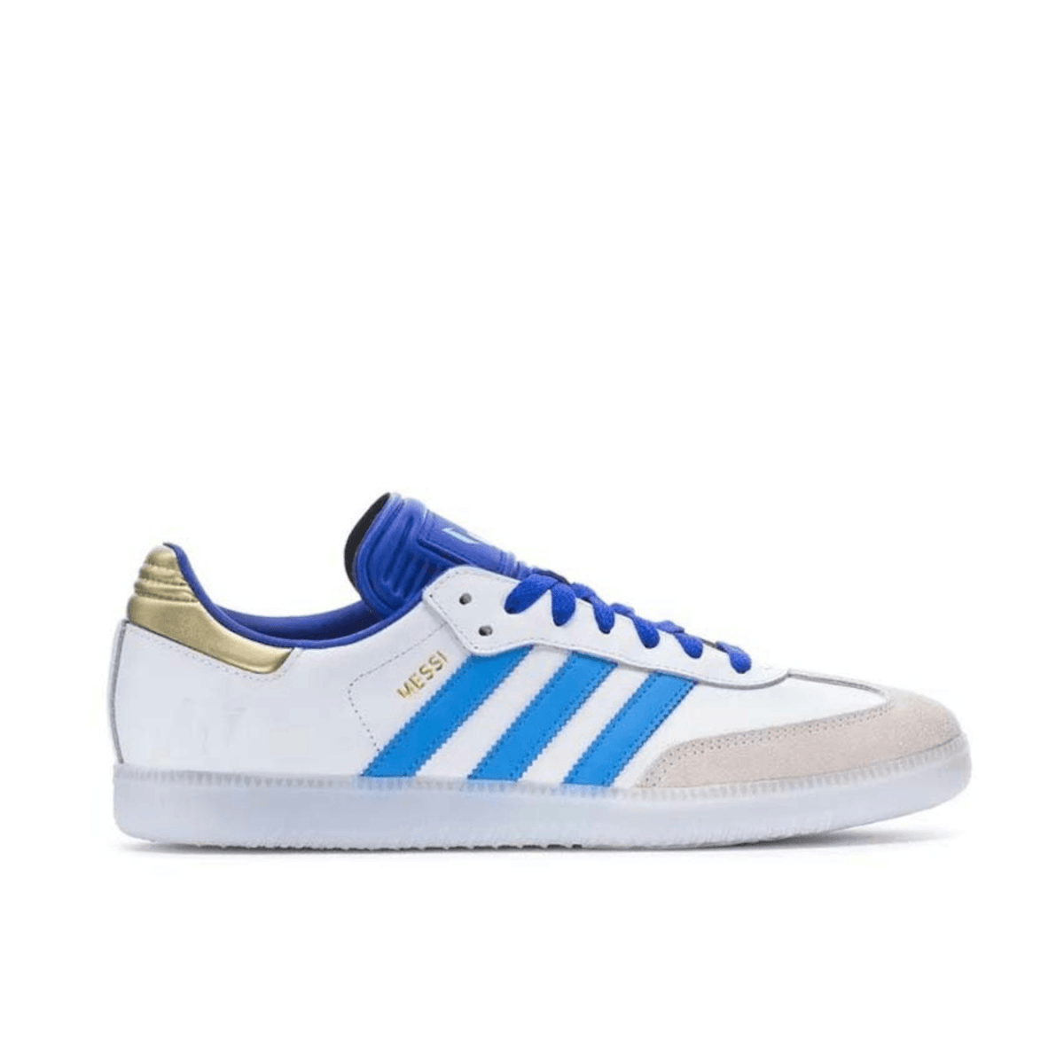 adidas Samba Indoor Lionel Messi shoes in white with blue stripes and gold accents, inspired by Argentina's national team.