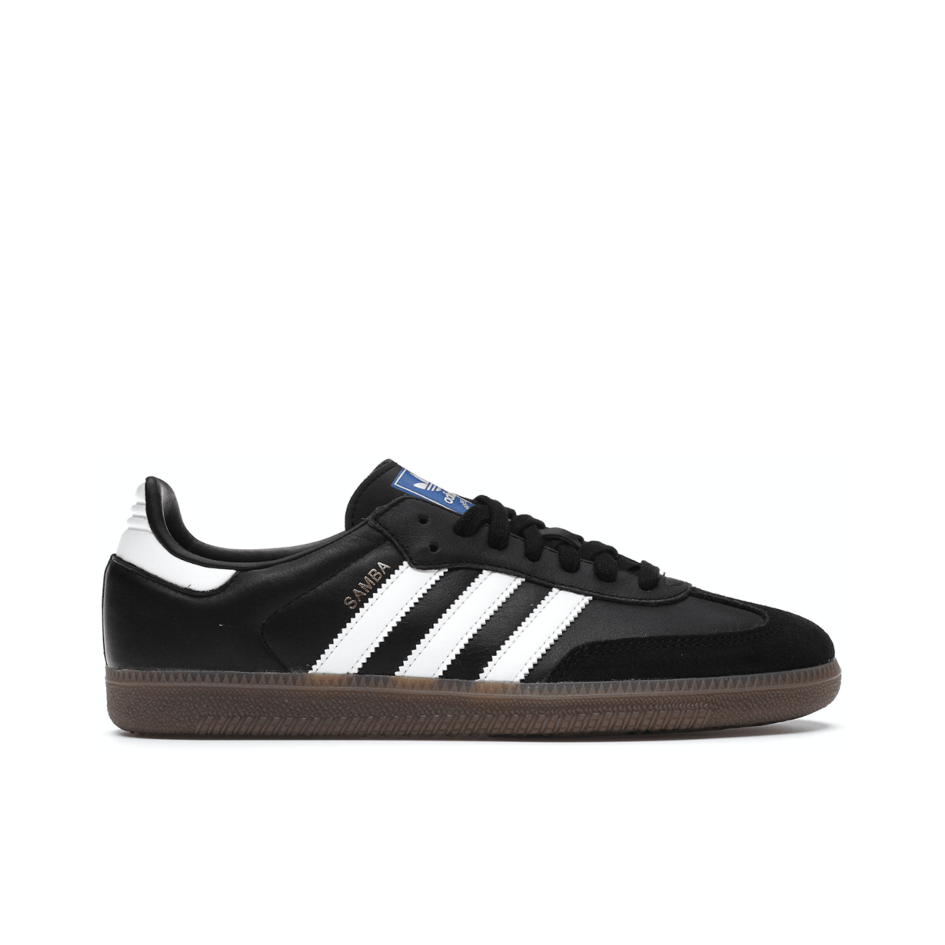 adidas Samba OG Black White Gum sneaker profile view with suede and leather design.