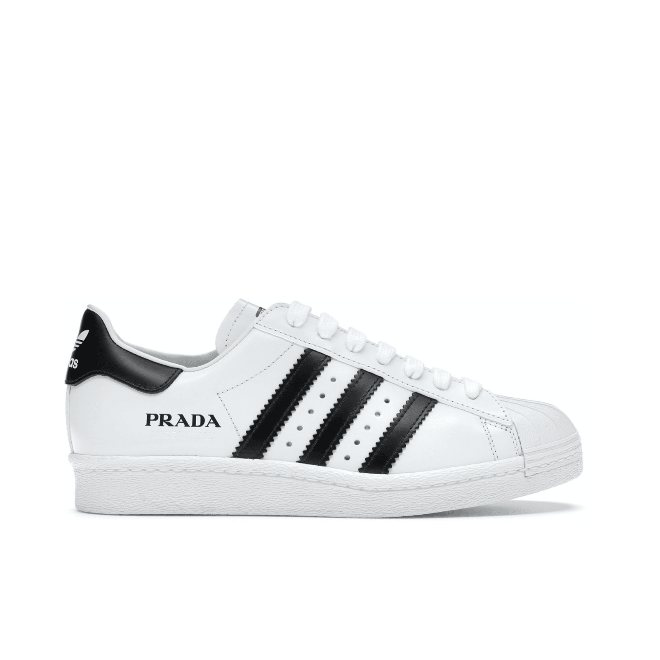adidas Superstar Prada sneakers in white and black with luxury branding and classic design.