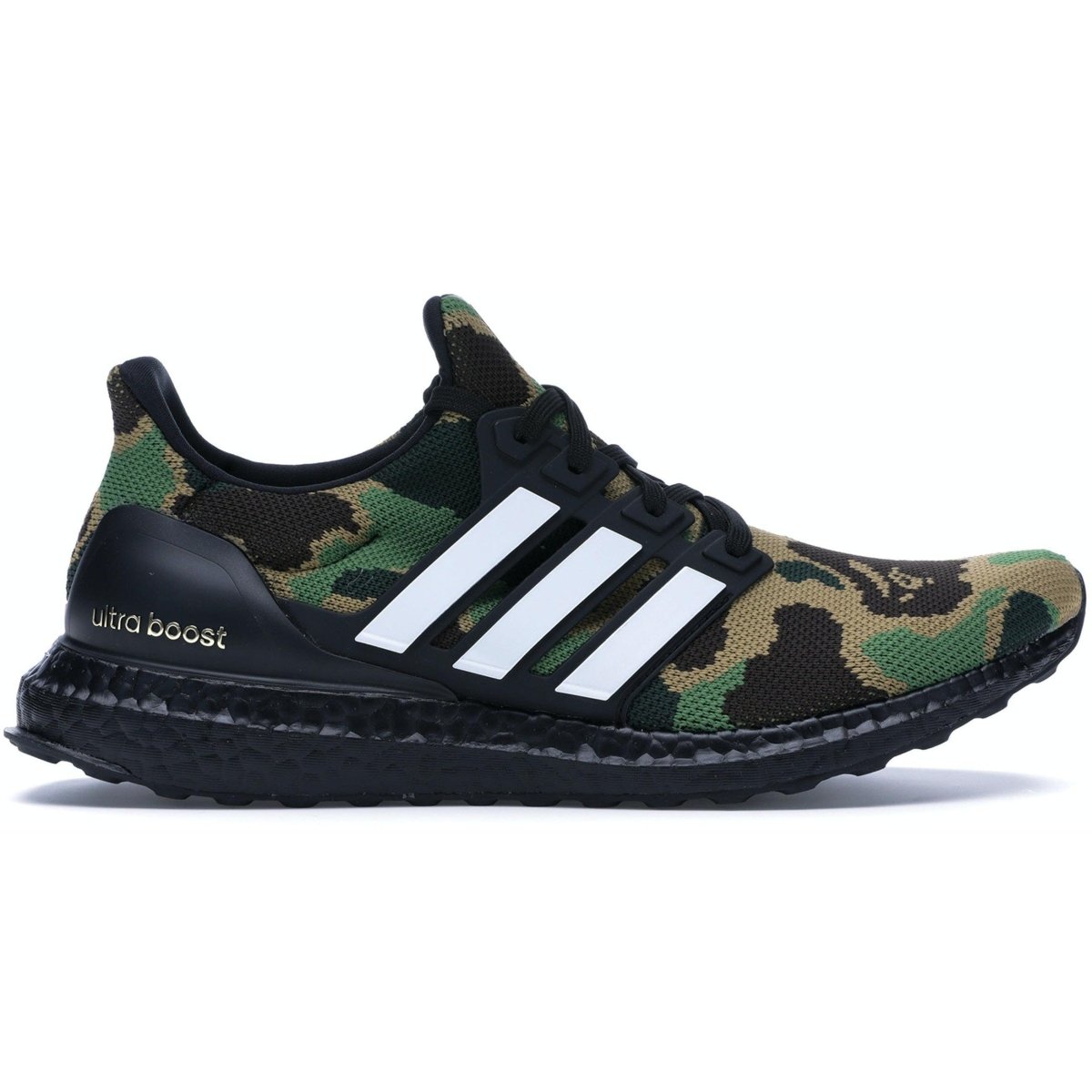 adidas Ultra Boost 4.0 Bape Camo sneaker in green and brown camo design with black Boost sole
