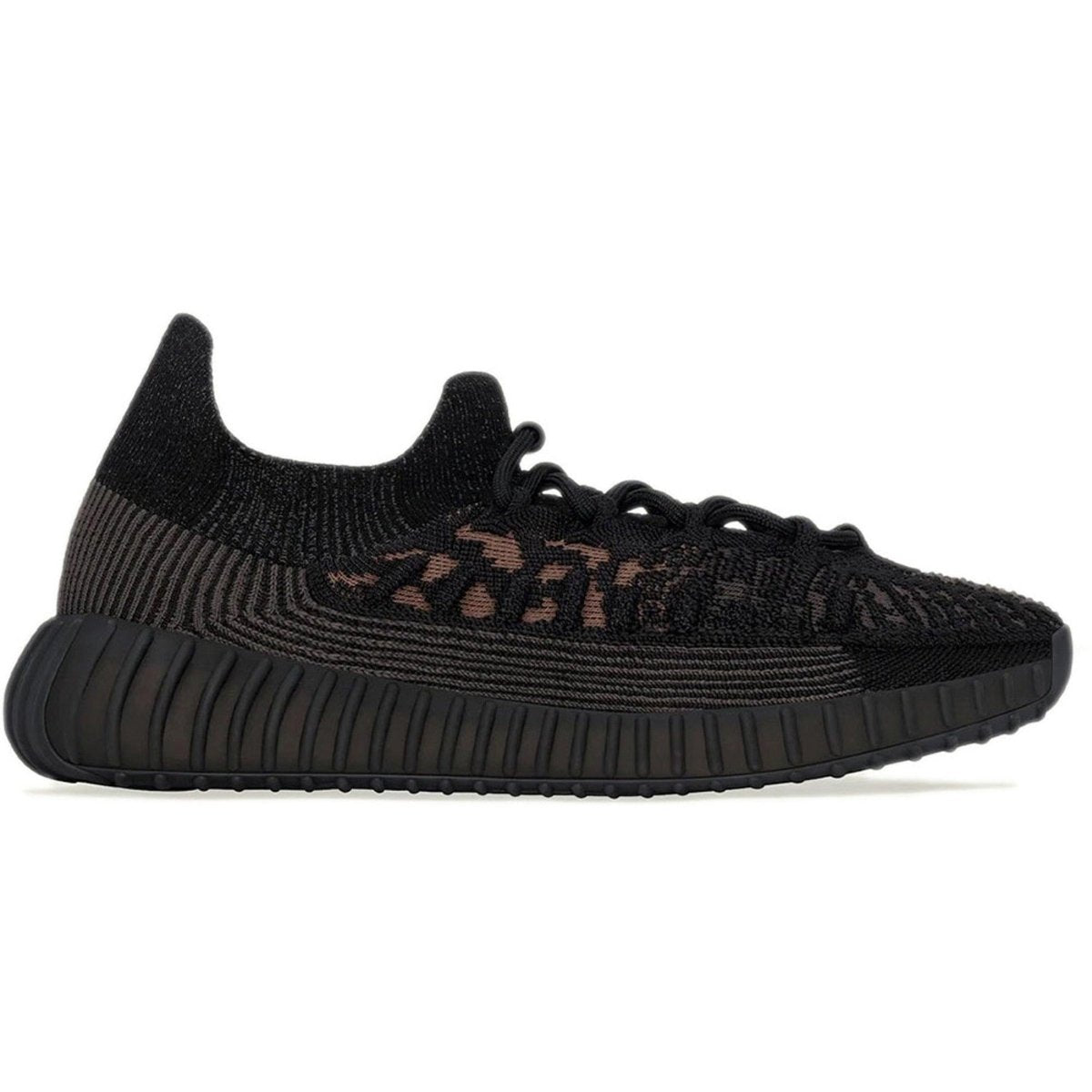 adidas Yeezy Boost 350 V2 CMPCT Slate Carbon sneaker with black and brown design, featuring a knitted upper and elastic ankle cuff.