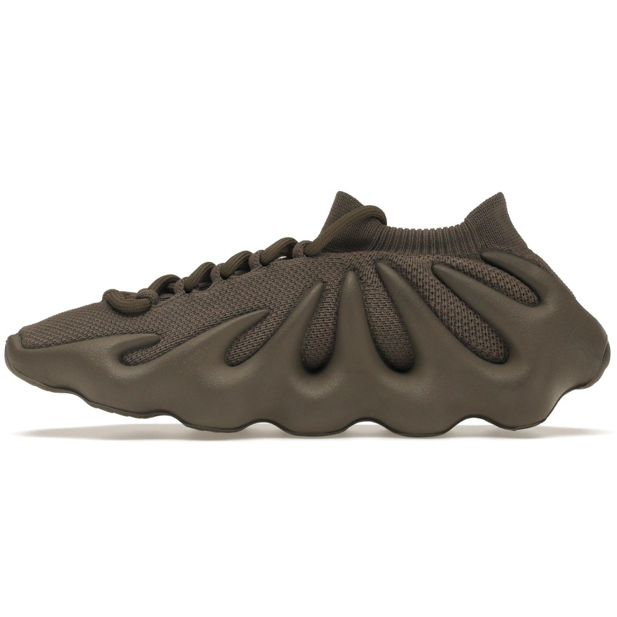 adidas Yeezy 450 Cinder in dark brown, featuring a sock-like upper and unique wavy sole for stylish comfort.