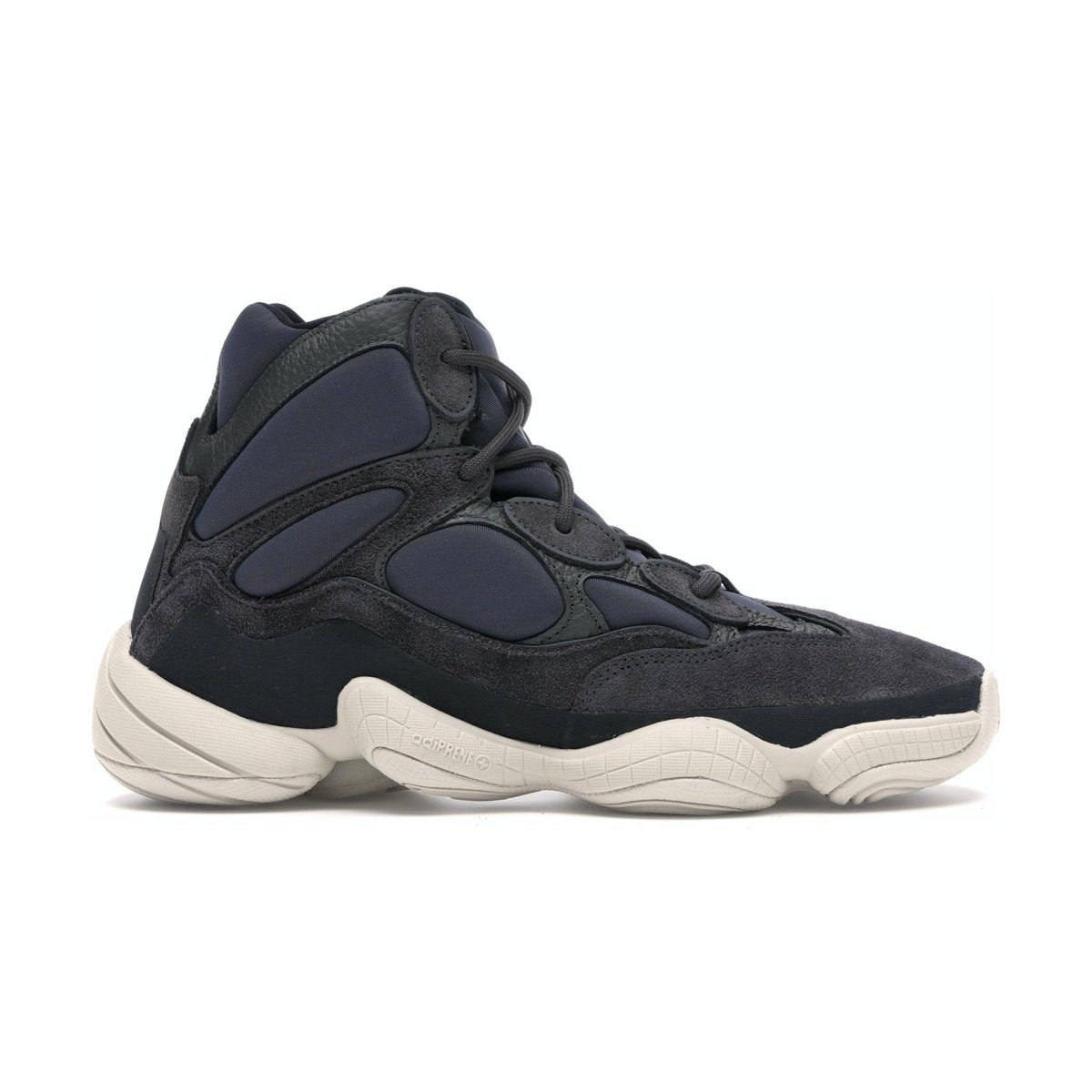 adidas Yeezy 500 High Slate profile view showcasing neoprene and suede design in dark colors.