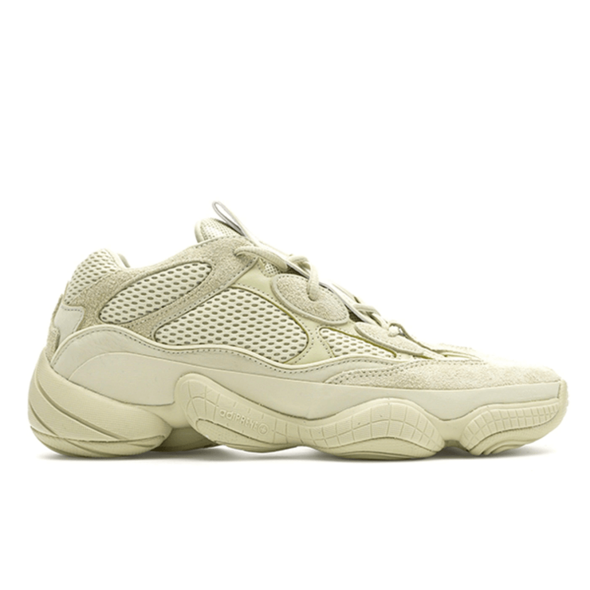 adidas Yeezy 500 Super Moon Yellow sneaker with rubber shell, adiPRENE+ cushioning, and enhanced visibility features.