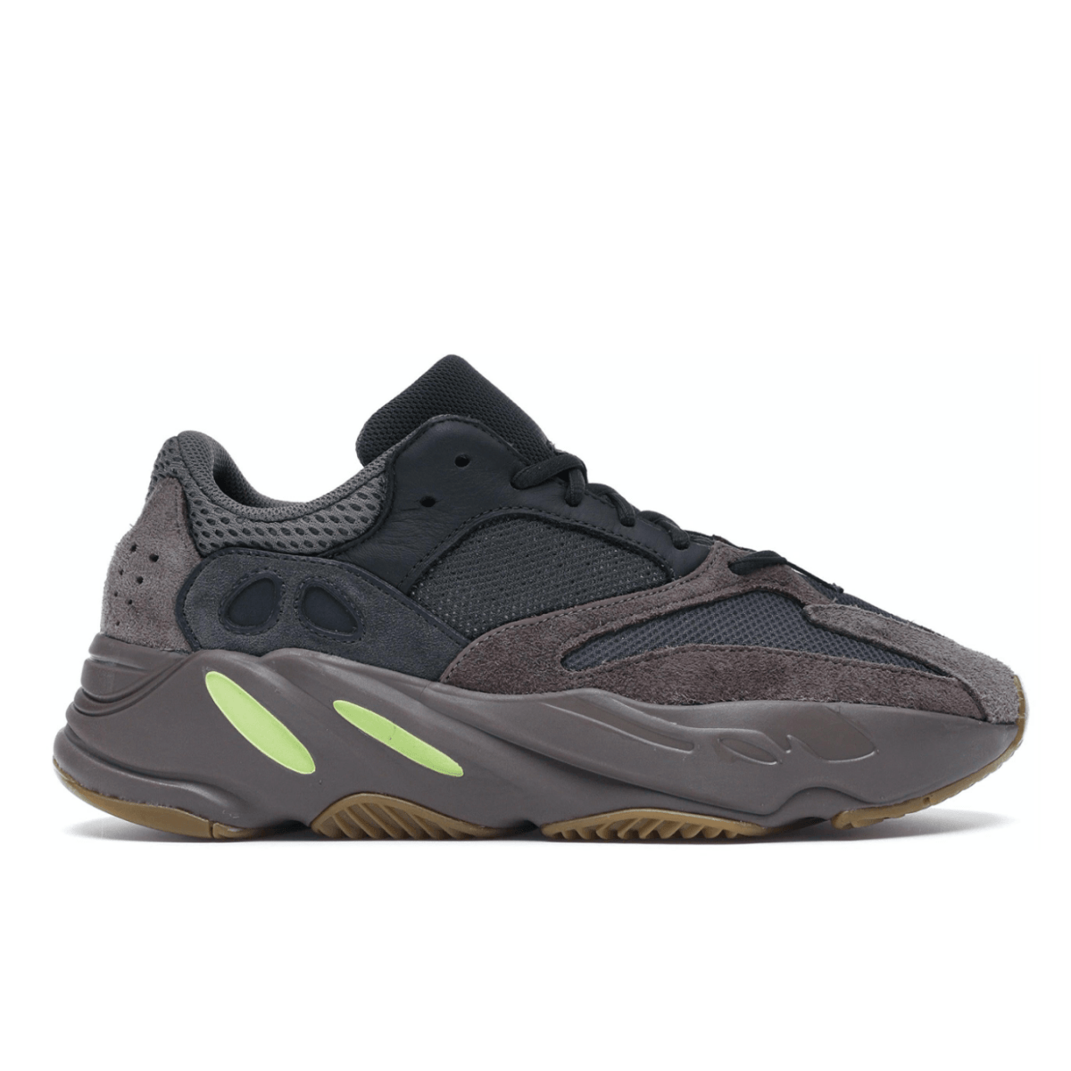 adidas Yeezy 700 Mauve sneaker featuring brown and grey tones with a bold design and neon yellow accents.