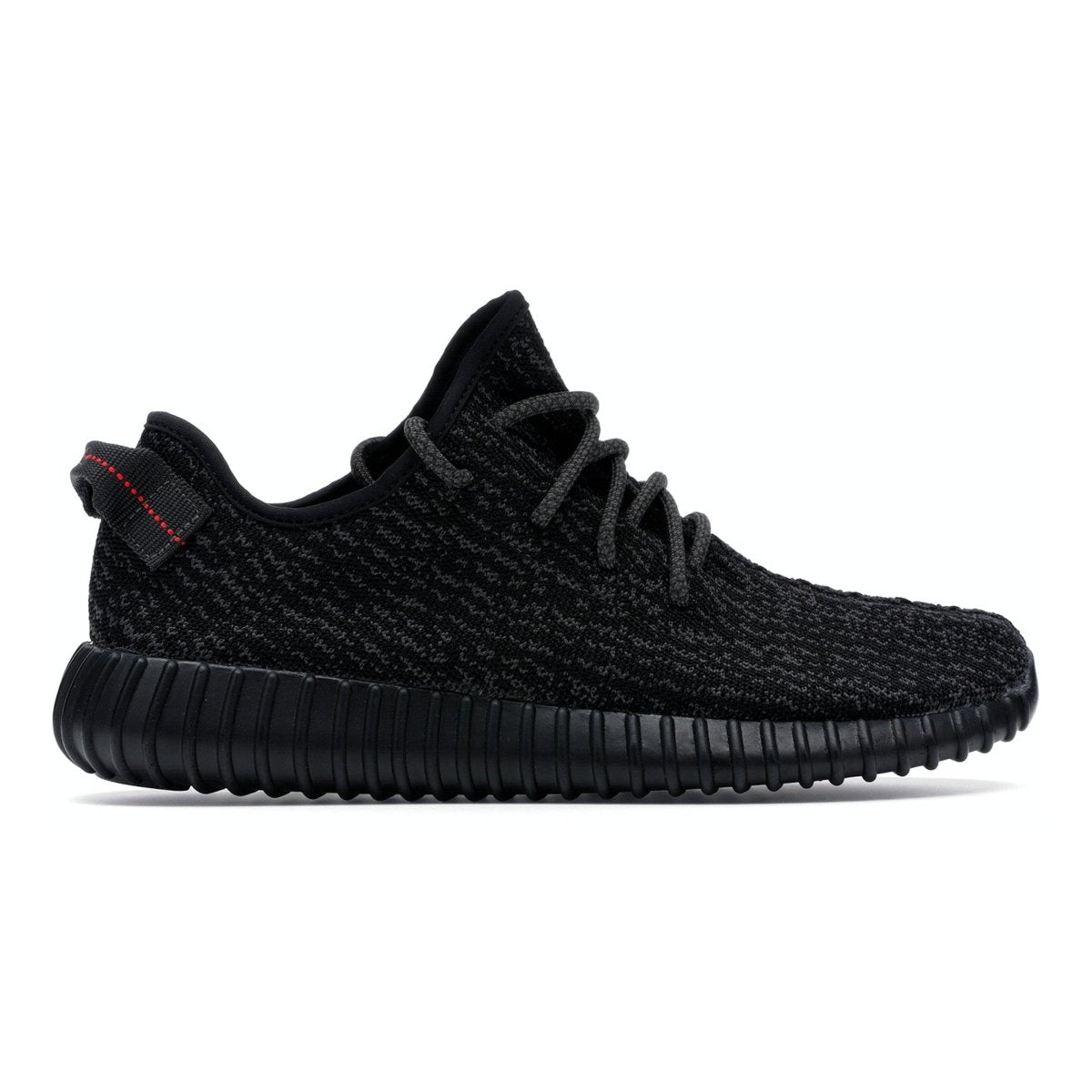 adidas Yeezy Boost 350 Pirate Black 2023 sneaker with black Primeknit upper and red heel tab