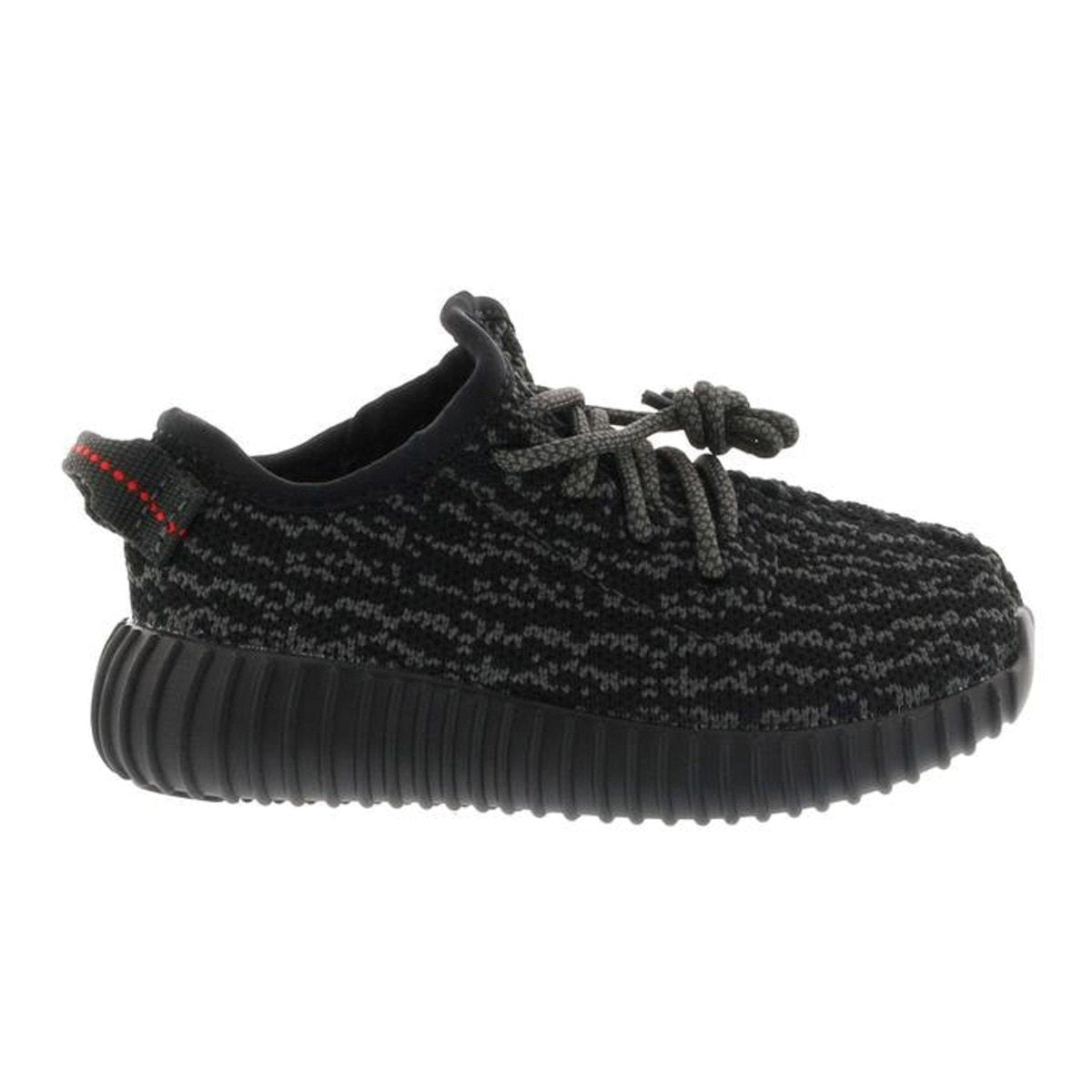 adidas Yeezy Boost 350 Pirate Black for infants featuring dark gray and black primeknit upper with suede detailing.