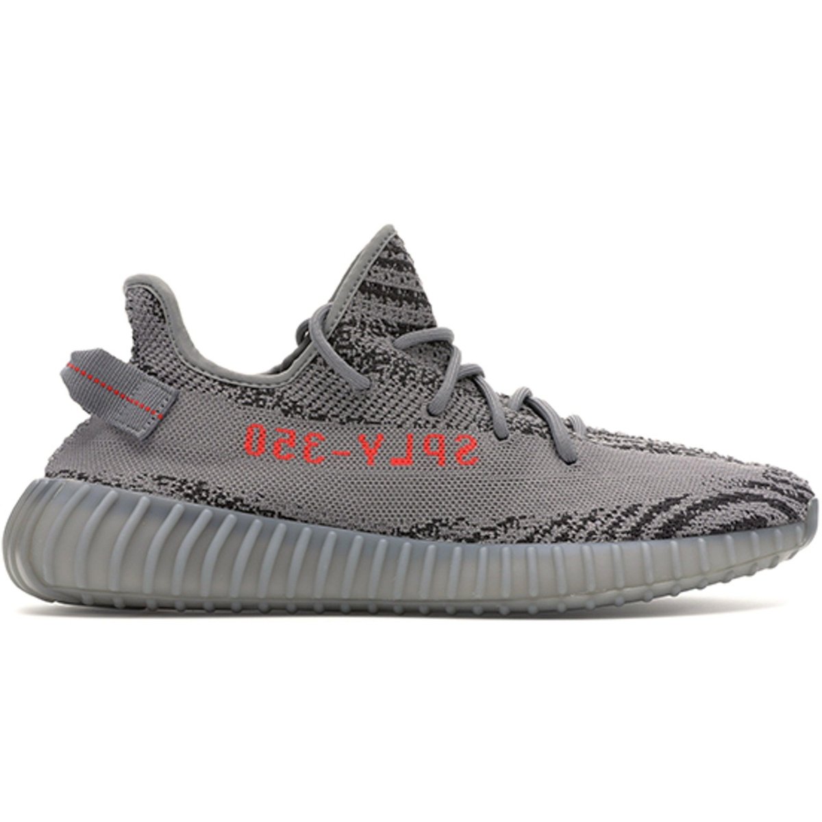 adidas Yeezy Boost 350 V2 Beluga 2.0 in grey with orange 'SPLY-350' accent and soft Primeknit upper