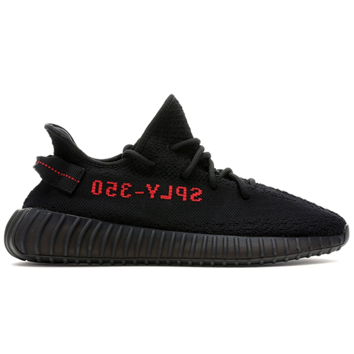 adidas Yeezy Boost 350 V2 Black Red side view with SPLY-350 branding in red, featuring a black Primeknit upper.