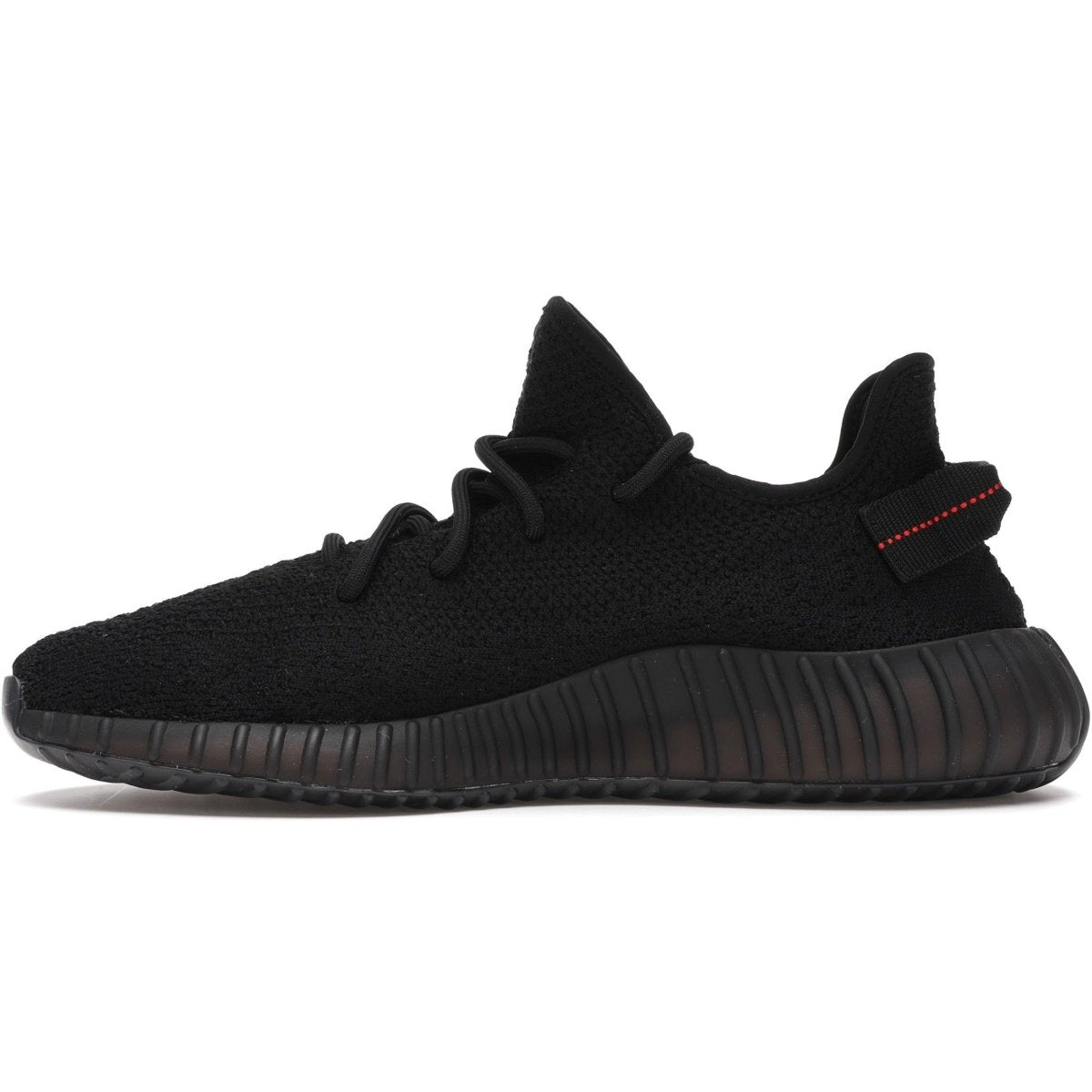 adidas Yeezy Boost 350 V2 Black Red side view showcasing black Primeknit upper and red SPLY-350 branding.