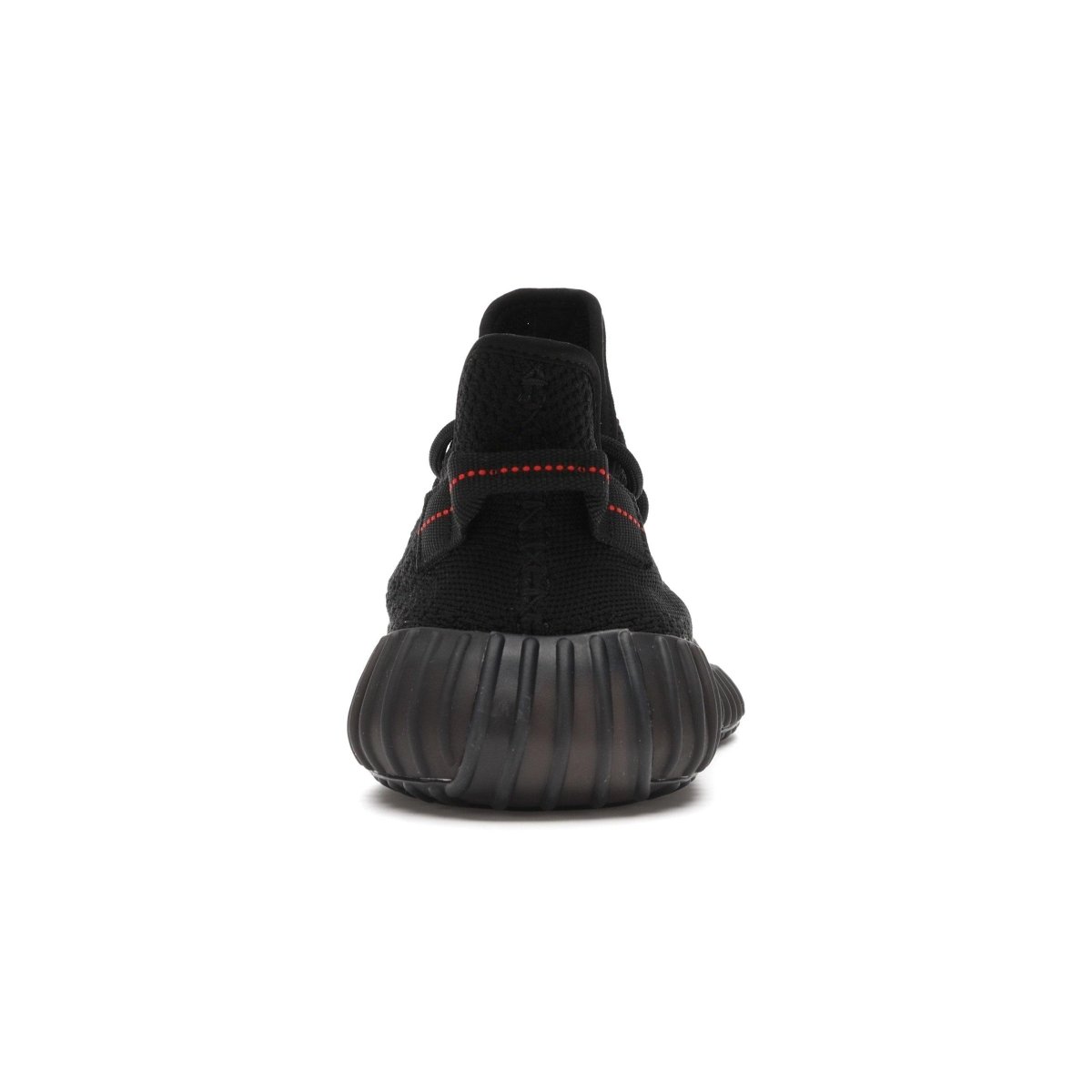 adidas Yeezy Boost 350 V2 Black Red sneaker back view with red stitching and black Primeknit upper.